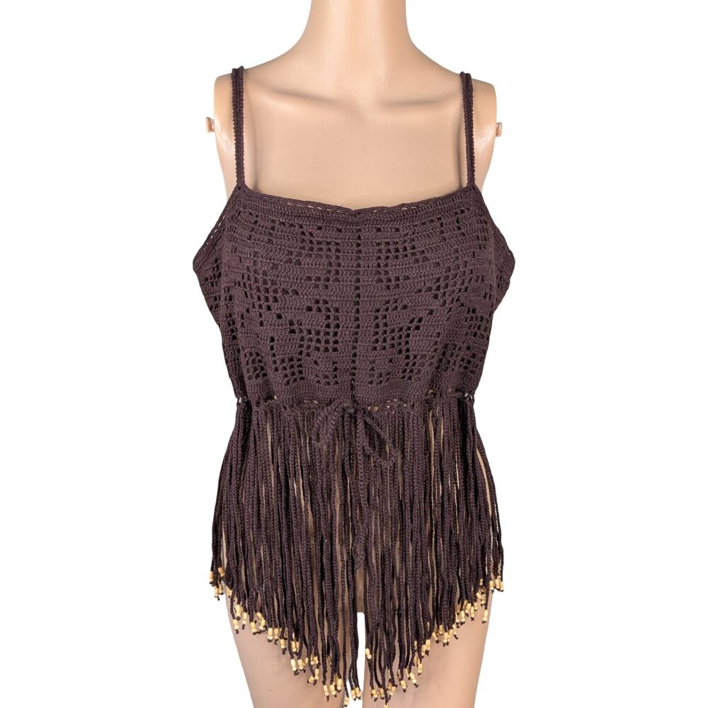 Vtg Y2K Moda International Crochet Fringe Top M Brown Beaded Cami Festival Boho